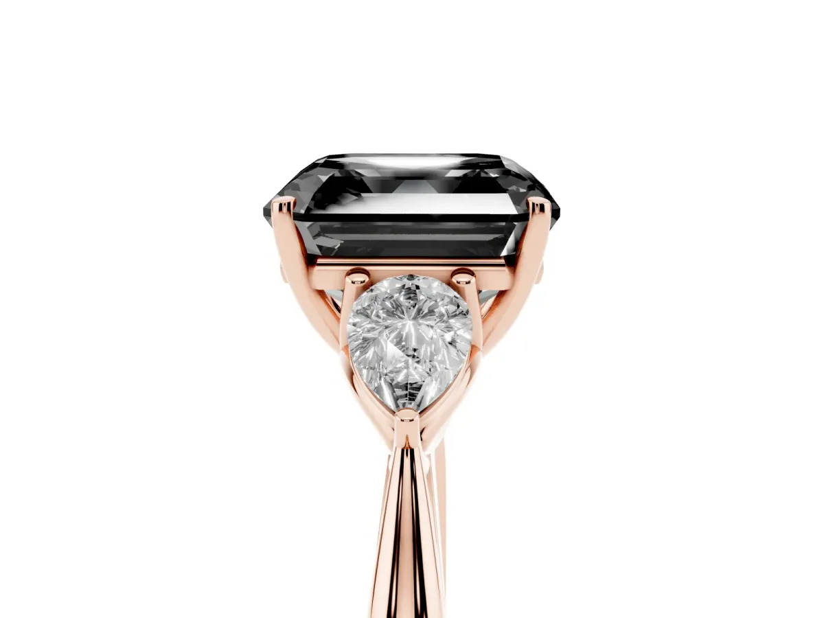 Fancy Black Three-Stone Asscher Cut Brilliant Diamond Solitaire Ring with Tapered Band and Four-Prong Setting Rose gold