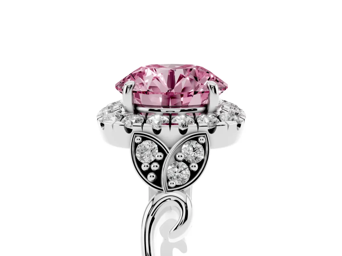 Fancy Pink Round Cut Halo Diamond Engagement Ring with Vintage-Inspired Band and Four-Prong Setting Silver