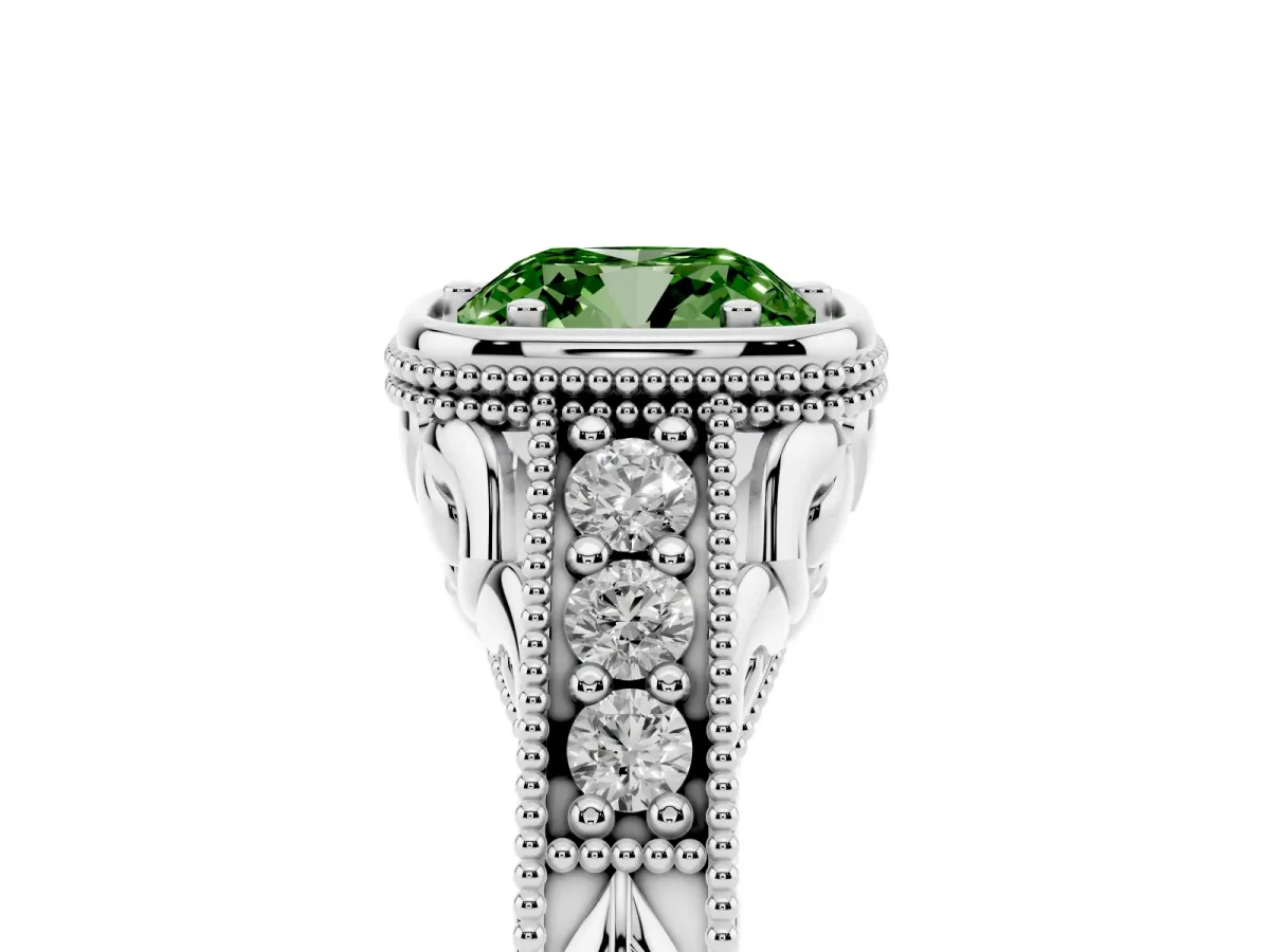 Fancy Green Bezel Set Cushion Cut Diamond Milgrain Pave Engagement Ring Silver