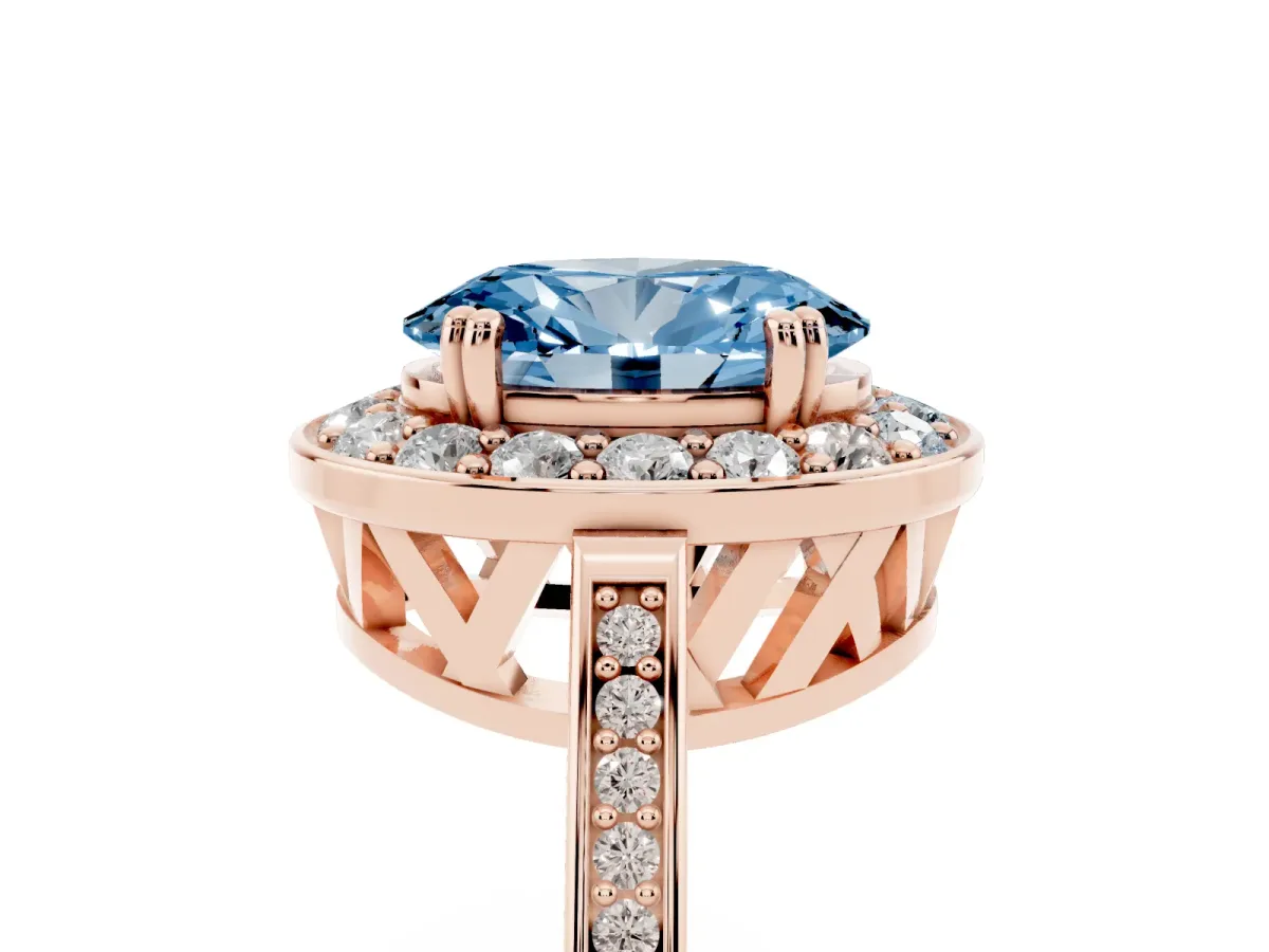 Fancy Blue Oval Cut Diamond Halo Ring with Split Shank and Four-Prong Setting Rose gold
