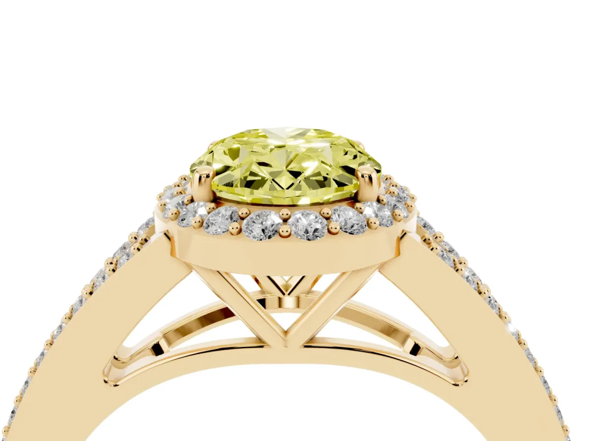 Fancy Yellow Oval Cut Halo Split Shank Diamond Ring with Prong Setting Yellow gold