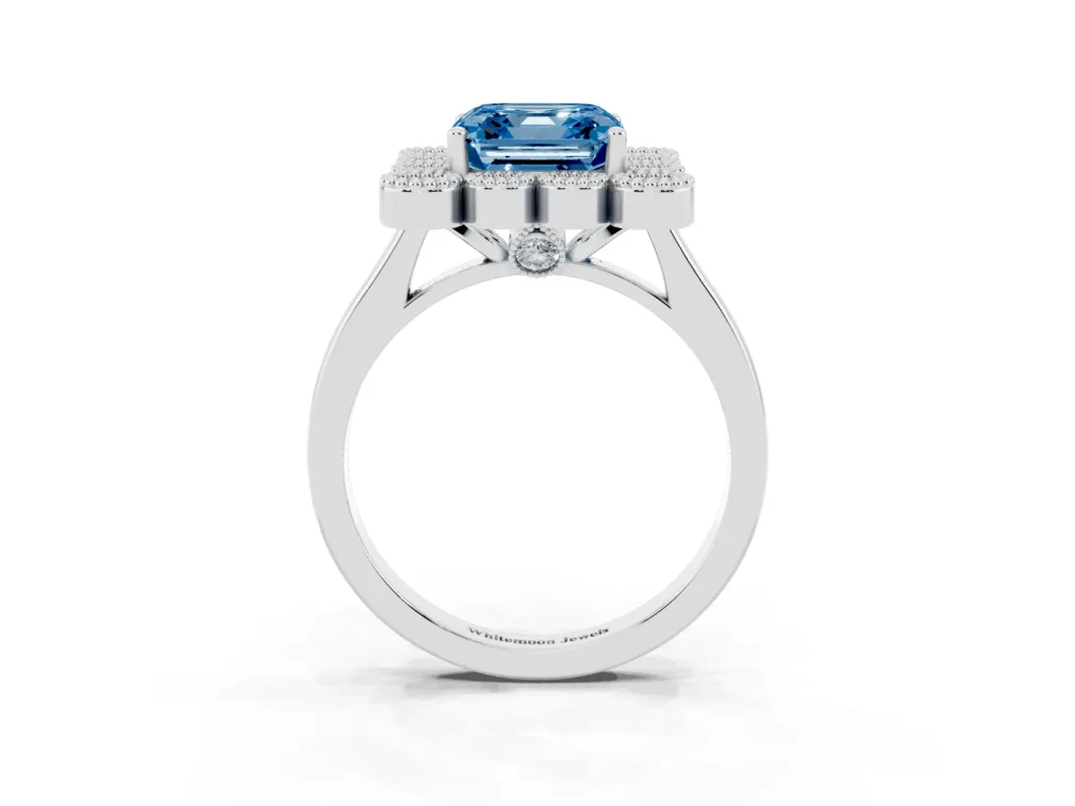 Fancy Blue Asscher Cut Halo Diamond Cluster Engagement Ring with Milgrain Bezel Setting and Solitaire Band Silver