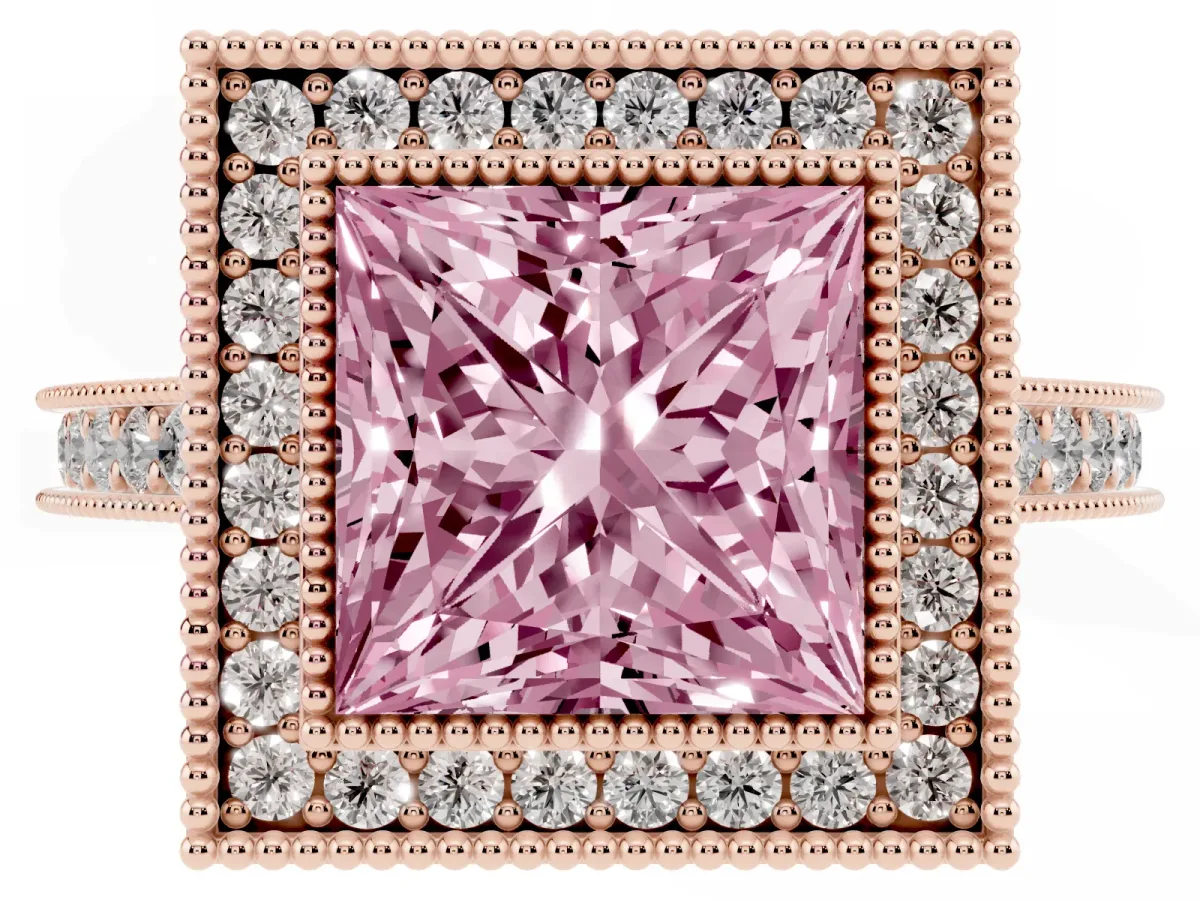 Fancy Pink Halo Princess Cut-Cut Diamond Pave Band Milgrain Prong Setting Ring Rose gold