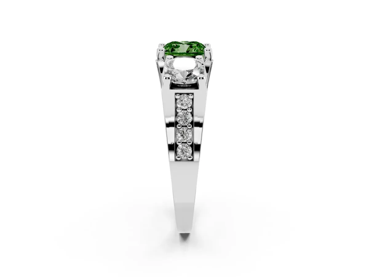 Fancy Green Cushion Cut Diamond Three-Stone Ring with Channel Set Band and Four-Prong Setting Silver