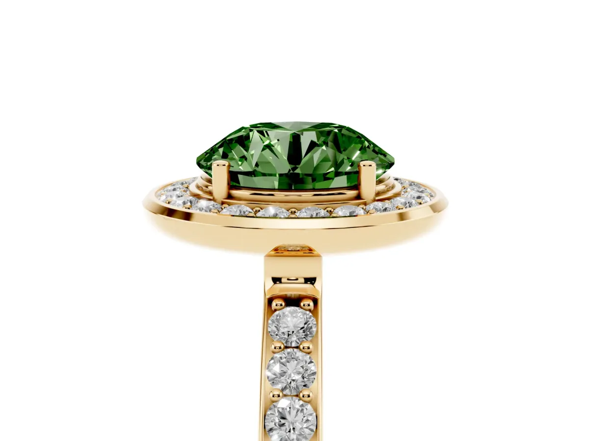 Fancy Green Round Cut Diamond Halo Ring with Bezel Frame and Pavé Band Yellow gold