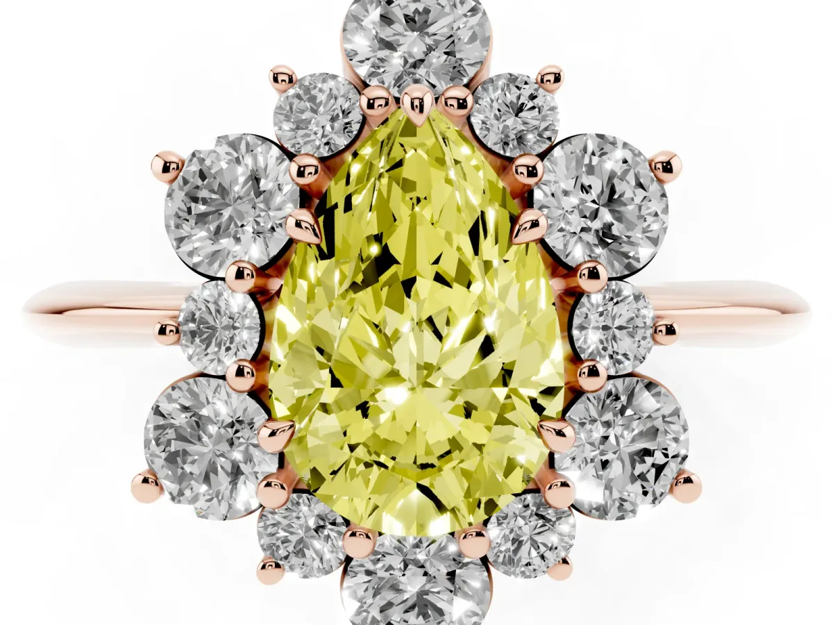 Fancy Yellow Pear Cut Diamond Cluster Halo Ring with Solitaire Band and Four-Prong Setting Rose gold