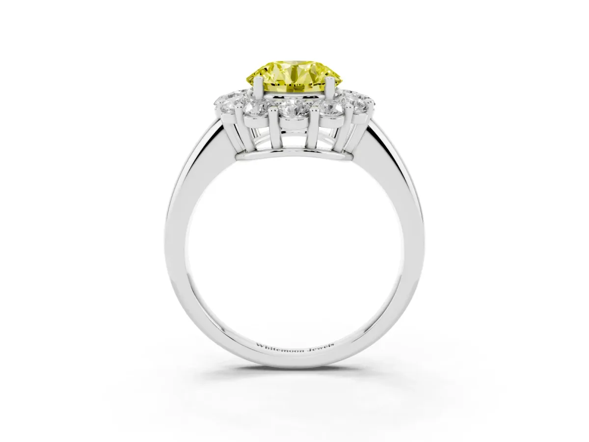 Fancy Yellow Round Cut Halo Cluster Diamond Engagement Ring with Prong Setting and Polished Band Silver