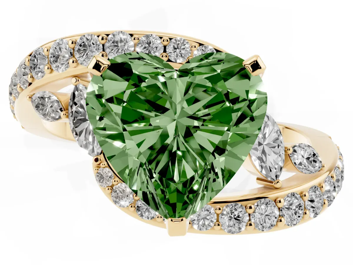 Fancy Green Heart Cut Solitaire with Pavé Twist Band and Four-Prong Setting Yellow gold