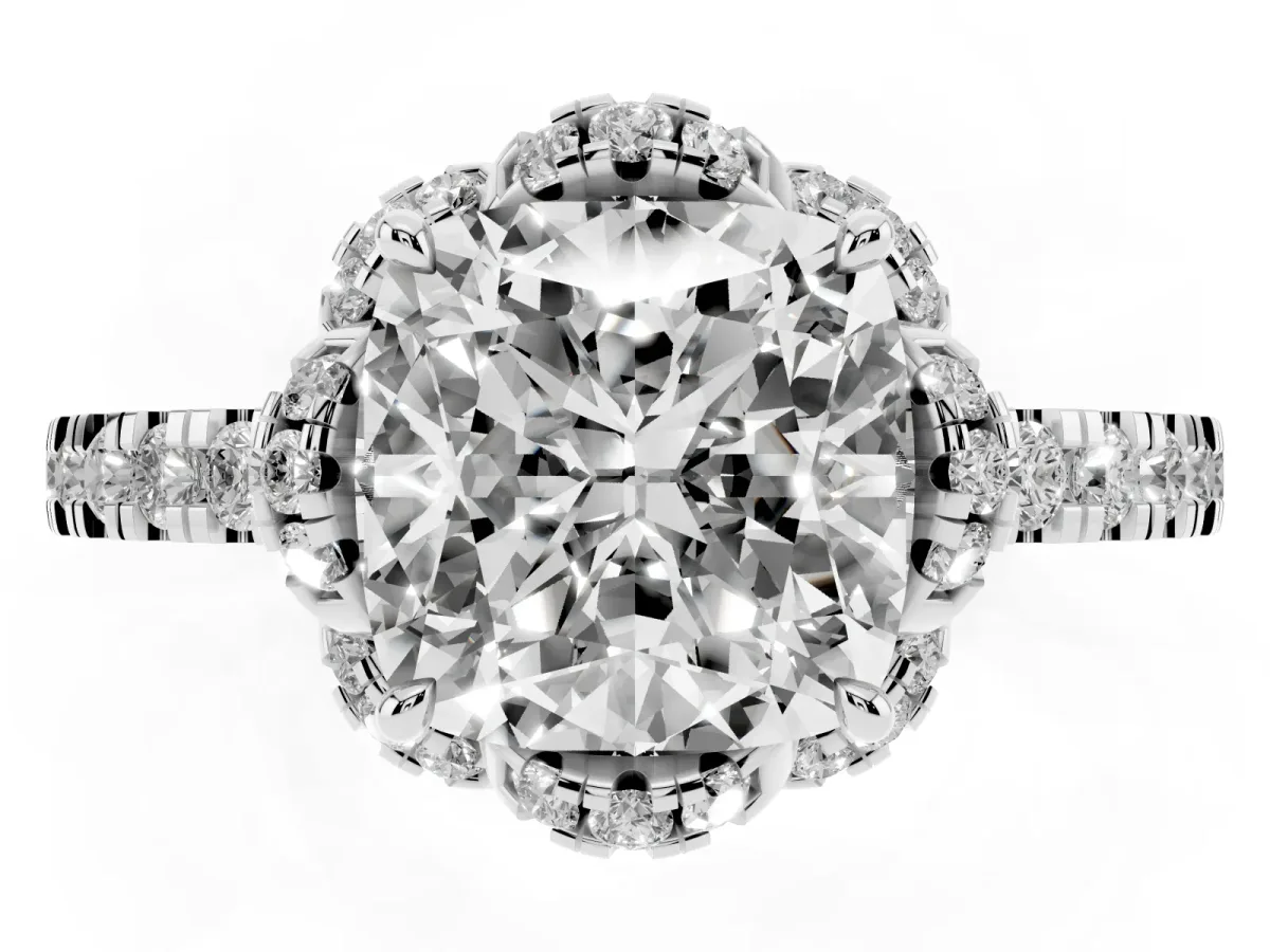 Cushion Cut Diamond Halo Pave Band with Four-Prong Setting Silver