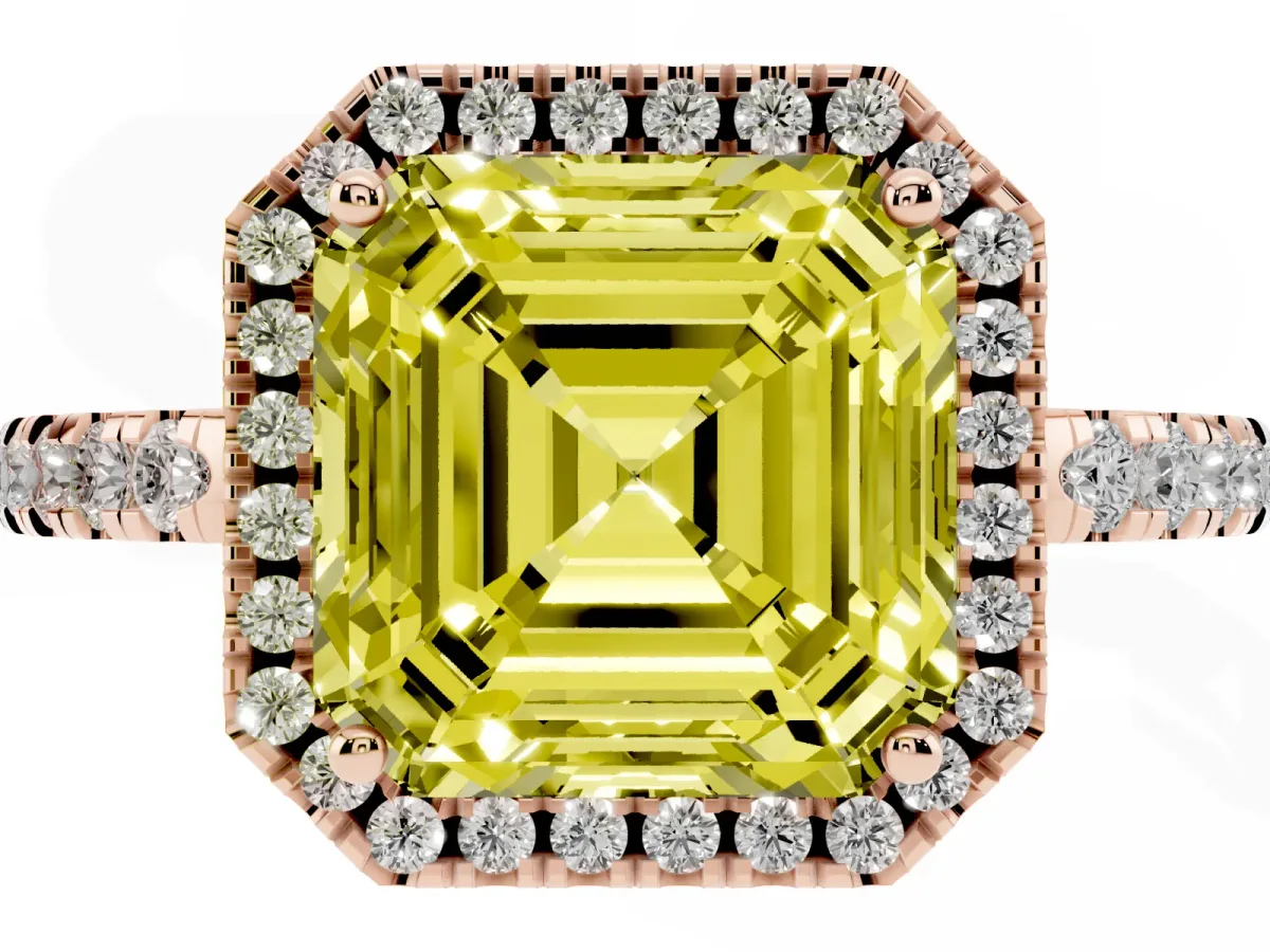 Fancy Yellow Asscher Cut Halo Diamond Engagement Ring with Pavé Band and Four-Prong Setting Rose gold