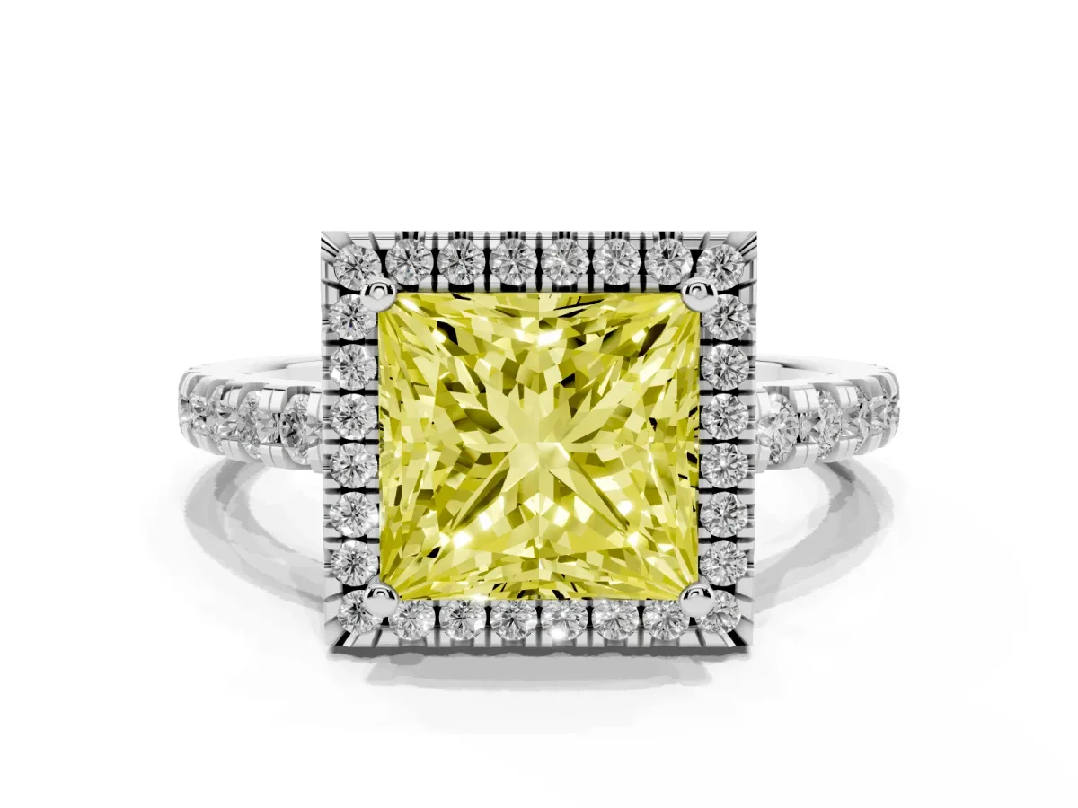 Fancy Yellow Princess Cut Diamond Halo Ring with Pavé Band and Four-Prong Setting Platinum