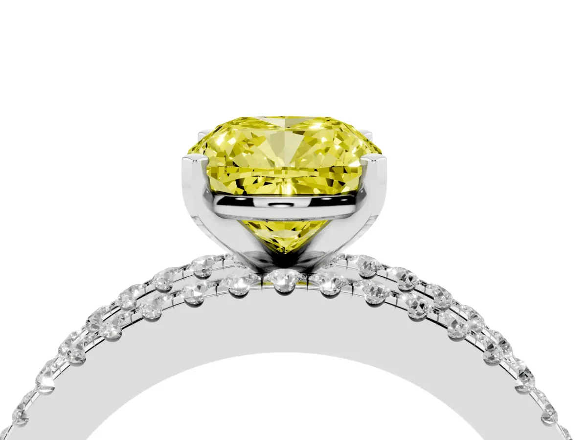 Fancy Yellow Cushion Cut Diamond Solitaire Ring with Pavé and Channel Set Band Platinum