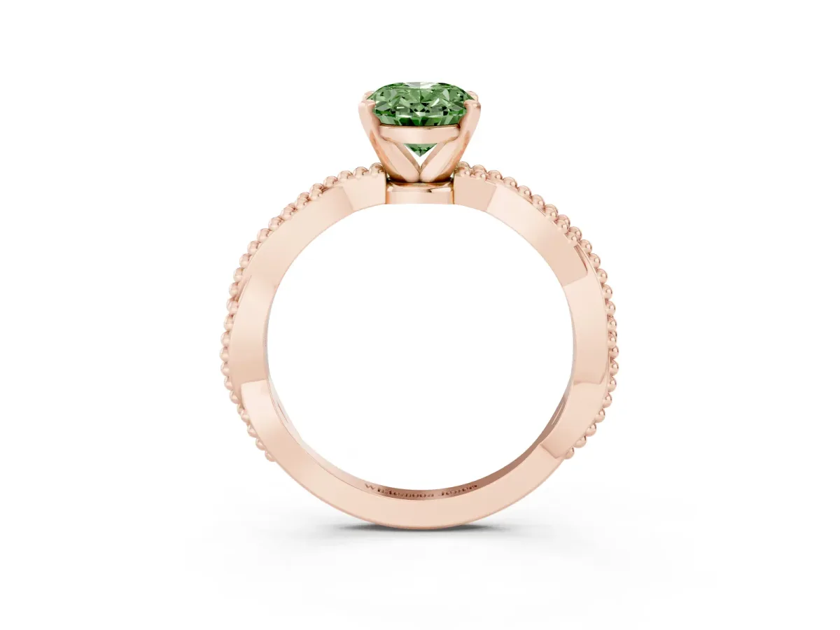 Fancy Green Oval Cut Solitaire Twisted Band with Bead Prong Setting Rose gold