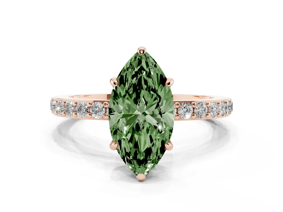 Fancy Green Marquise Cut Diamond Pavé Engagement Ring with Round Accents and Prong Setting Rose gold