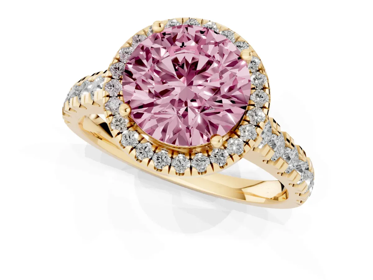 Fancy Pink Round Cut Halo Pavé Diamond Engagement Ring with Four-Prong Setting Yellow gold