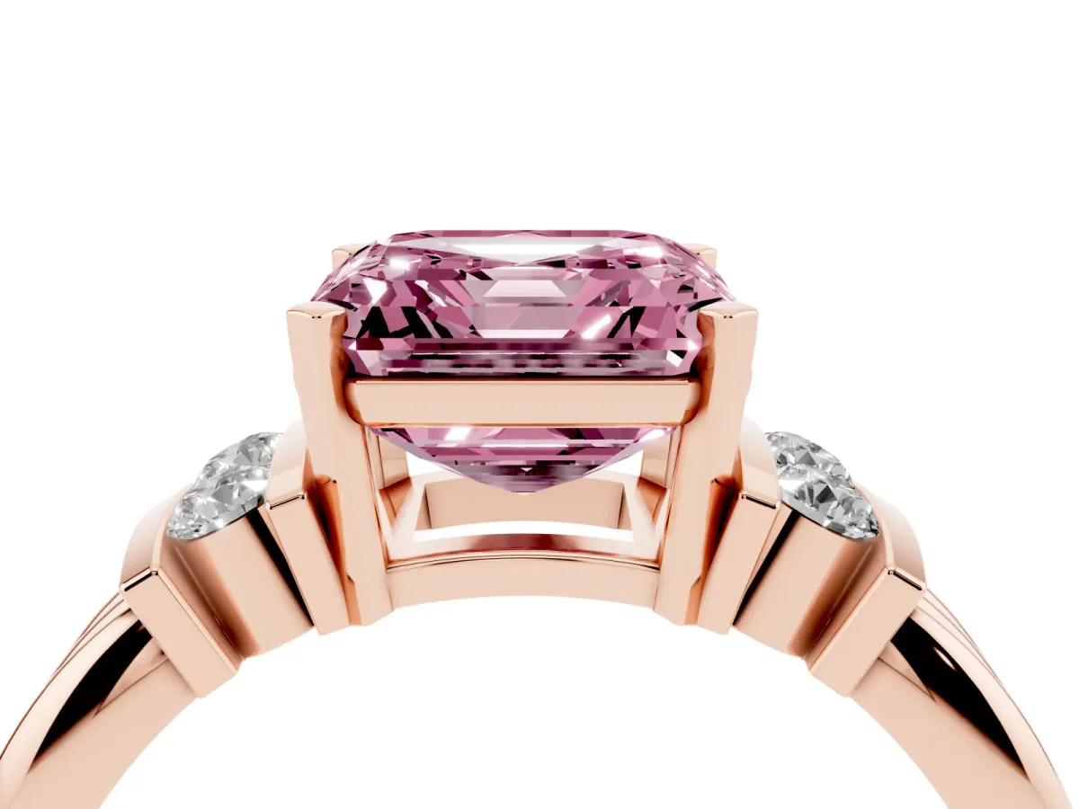 Fancy Pink Asscher Cut Cut Three-Stone Channel Set Ring with Bar Prongs Rose gold