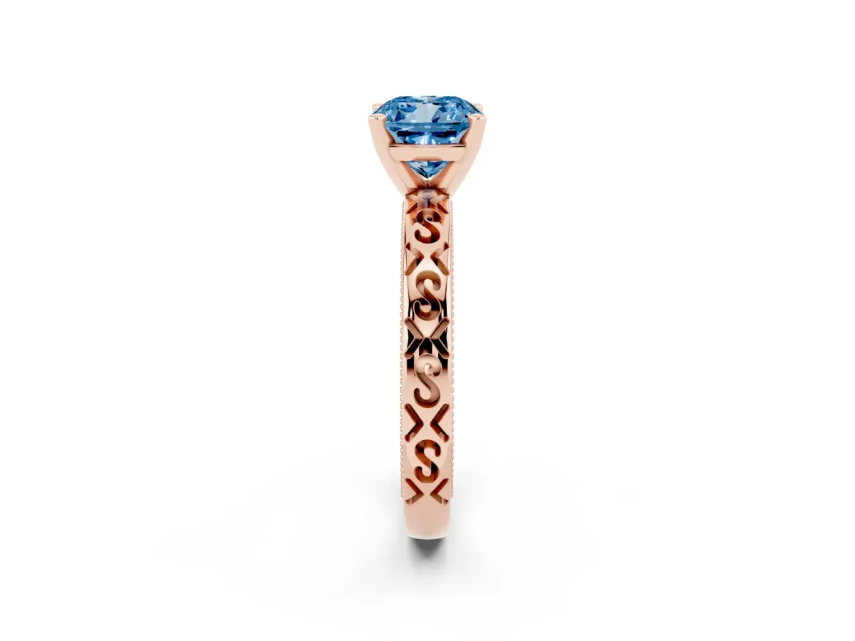 Fancy Blue Cushion Cut Solitaire Engagement Ring with Scrollwork Band and Four-Prong Setting Rose gold