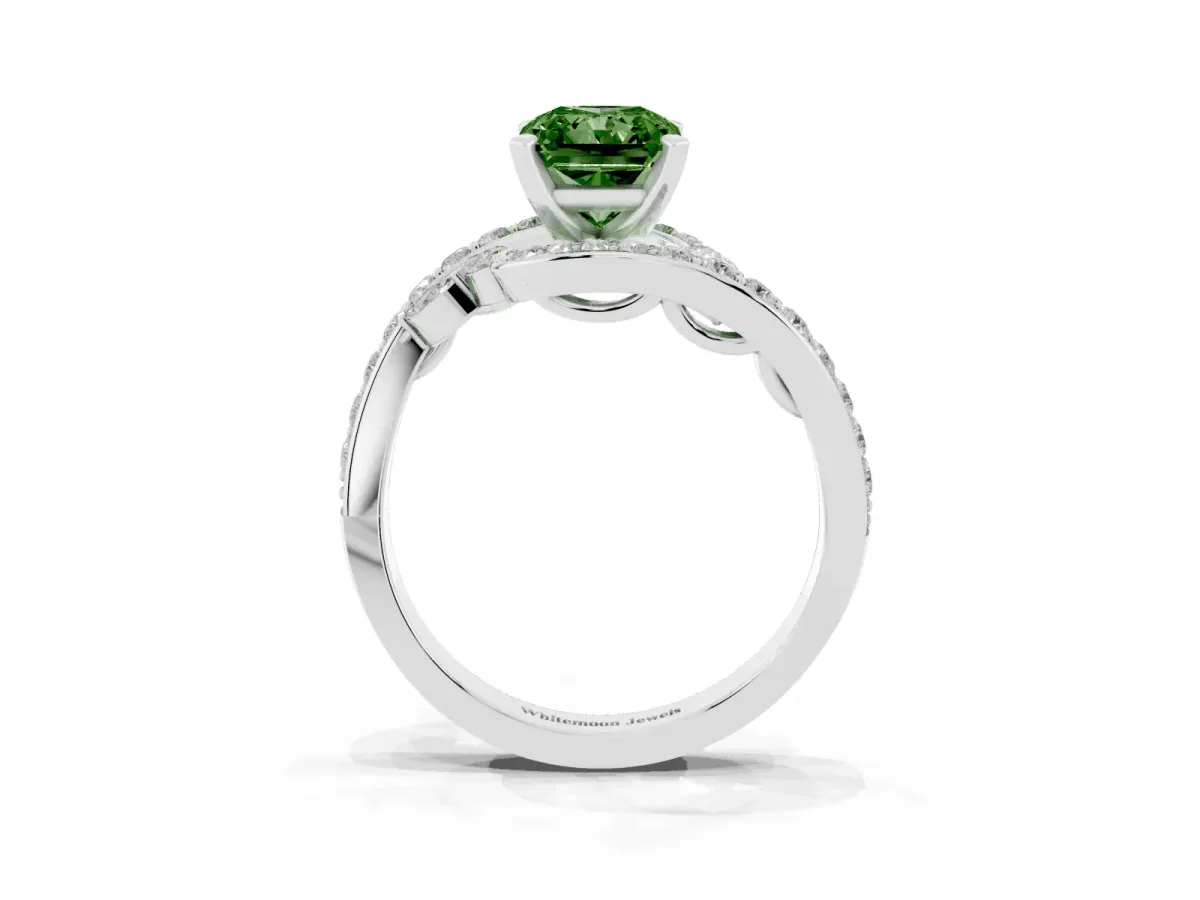 Fancy Green Radiant Cut Solitaire with Pavé Twist Band and Four-Prong Setting Platinum