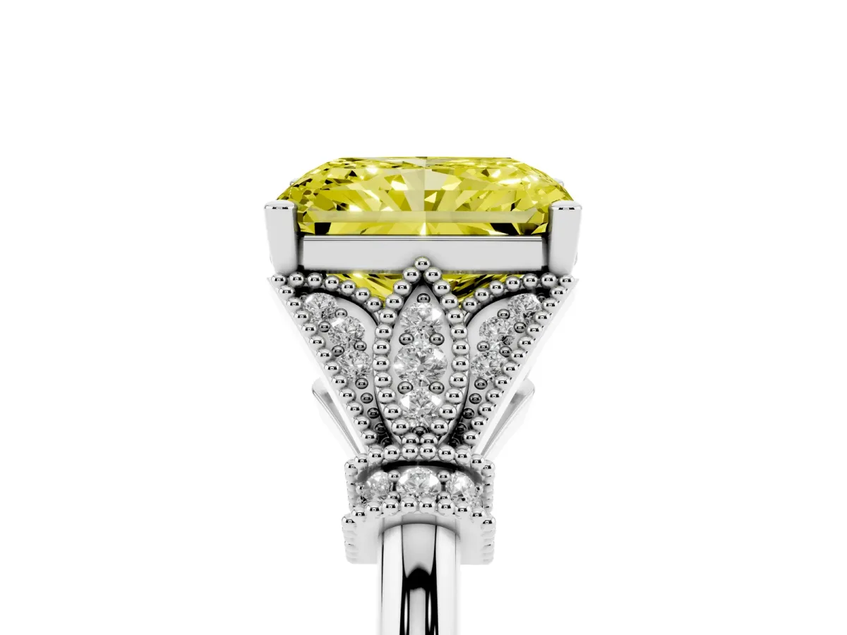 Fancy Yellow Radiant Cut Diamond Solitaire Ring with Floral Filigree and Pave Accents Silver