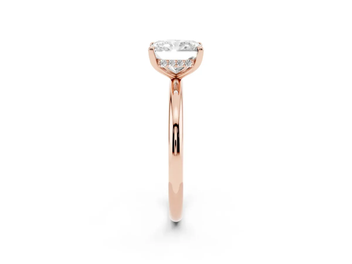 Radiant Cut Diamond Solitaire Ring with Thin Band and Four-Prong Setting Rose gold