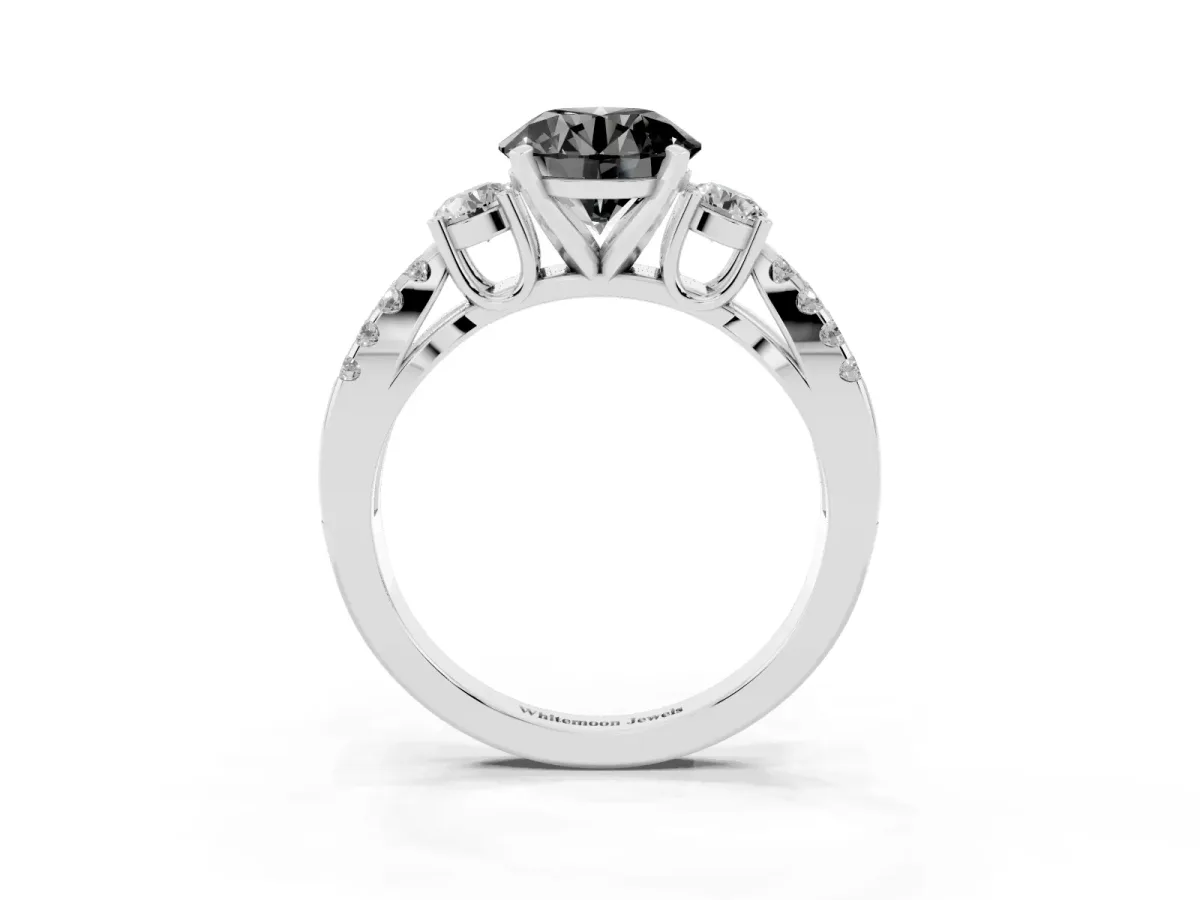 Fancy Black Round Cut Diamond Three-Stone Ring with Pavé Split Shank and Four-Prong Setting Silver
