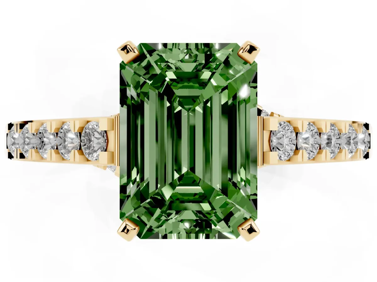 Fancy Green Emerald Cut Diamond Solitaire Ring with Crossover Gallery and Round Pavé Band Yellow gold