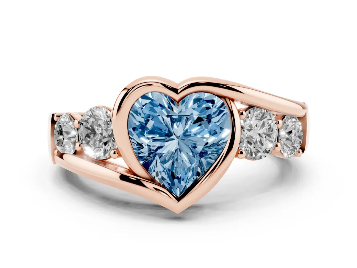 Fancy Blue Bezel Set Heart Cut Diamond Bypass Ring with Round Accents Rose gold