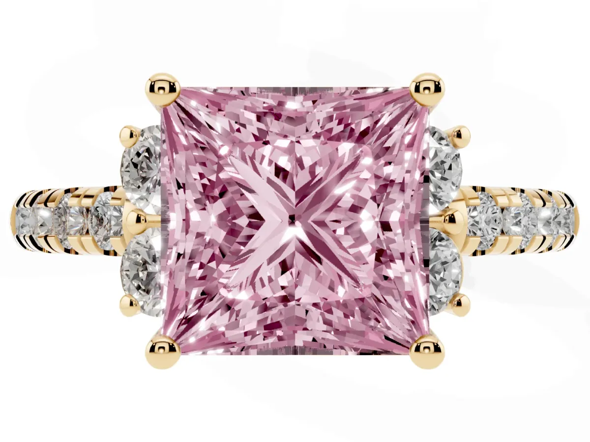 Fancy Pink Princess Cut Diamond Three-Stone Pave Band with Four-Prong Setting Yellow gold