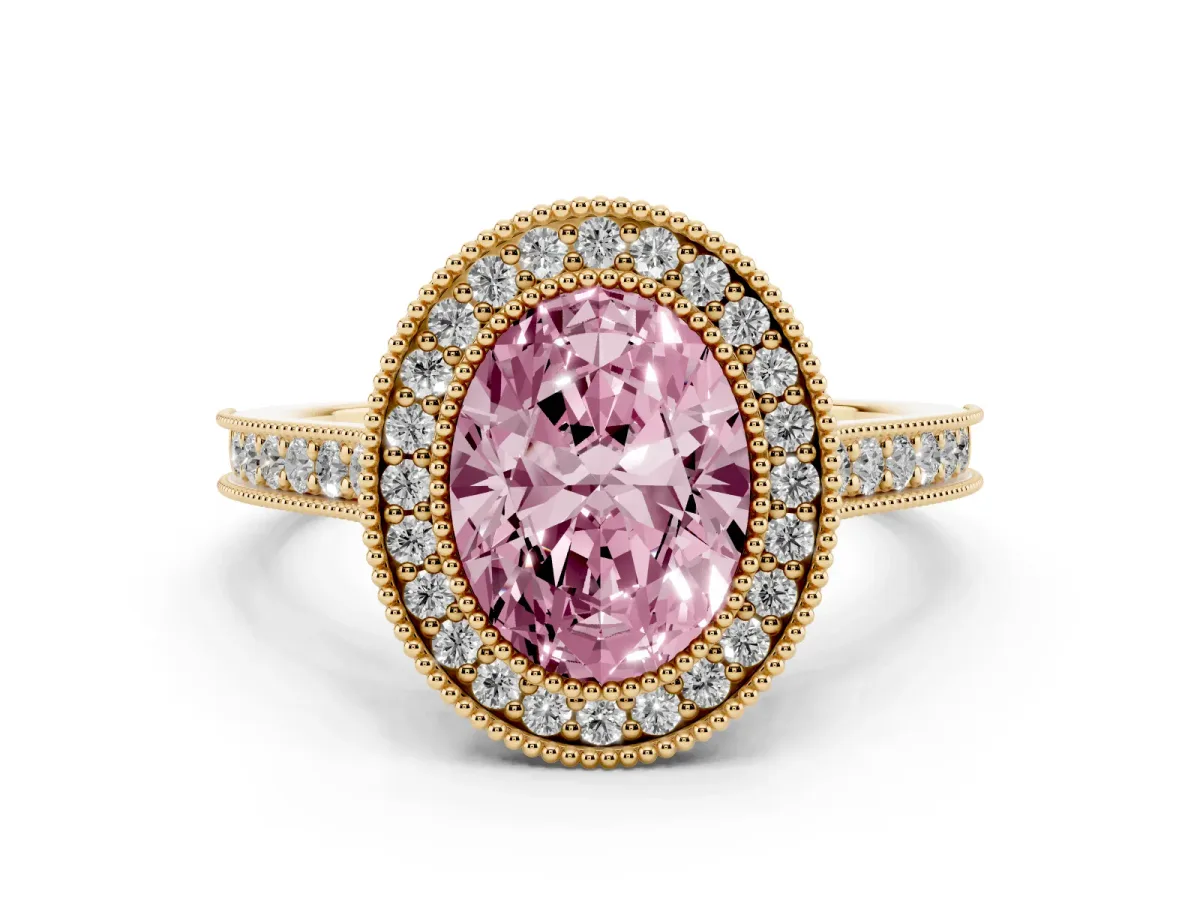 Fancy Pink Halo Oval Cut-Cut Diamond Pave Band Milgrain Prong Setting Ring Yellow gold