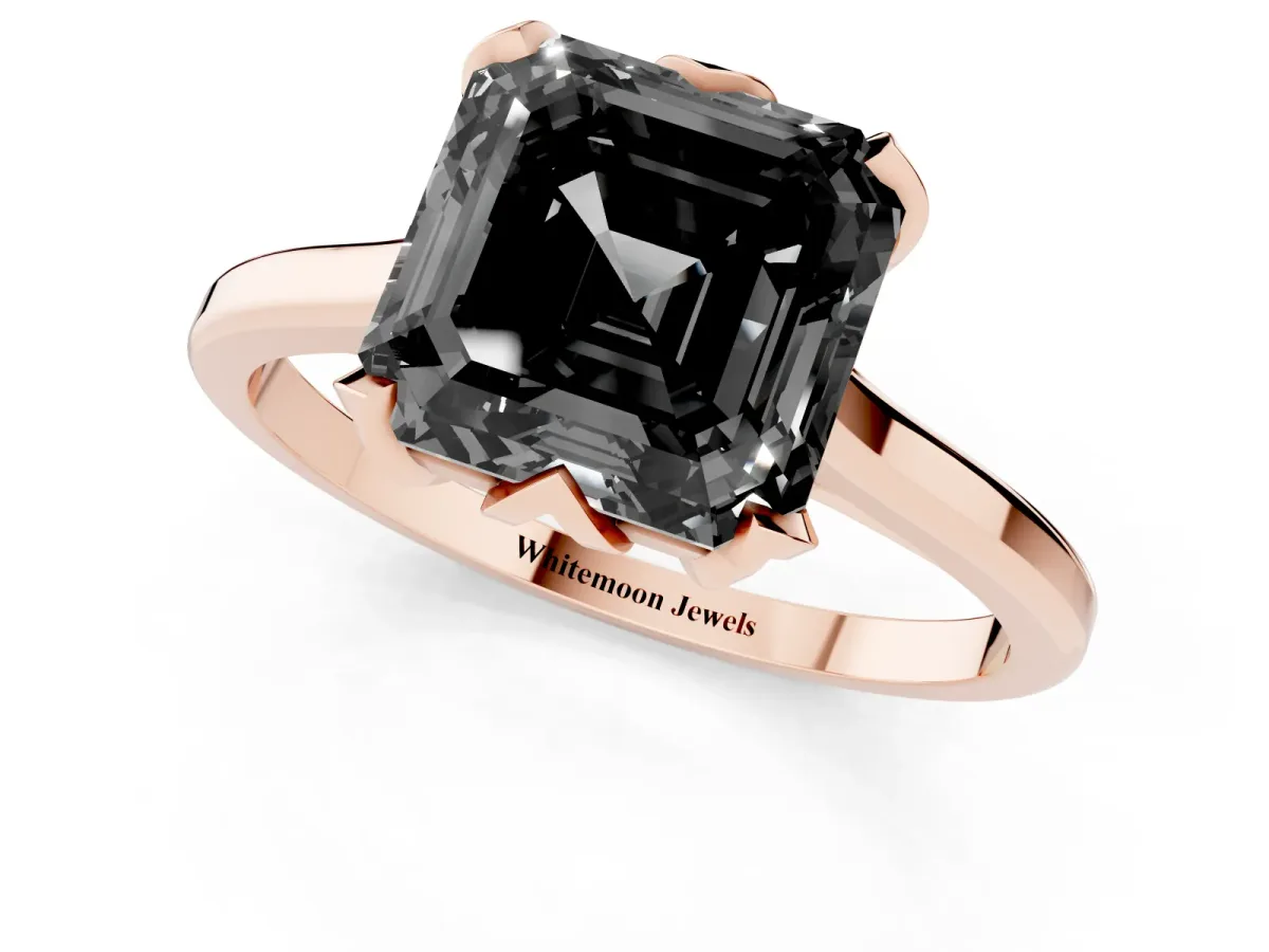 Fancy Black Asscher Cut Diamond Solitaire Ring with Flower Prong Setting and Classic Band Rose gold