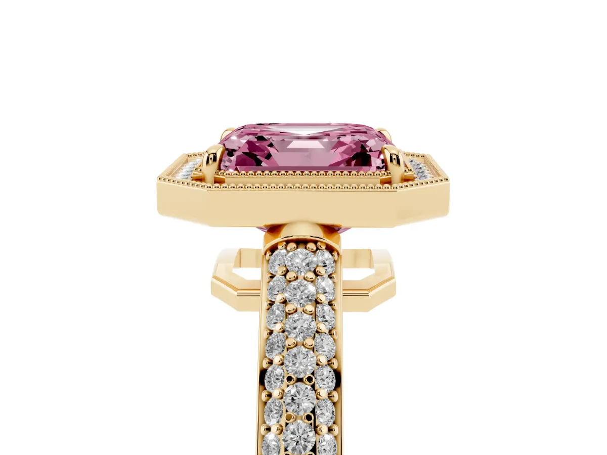 Fancy Pink Asscher Cut Cut Halo Diamond Pave Band with Four-Prong Setting Yellow gold