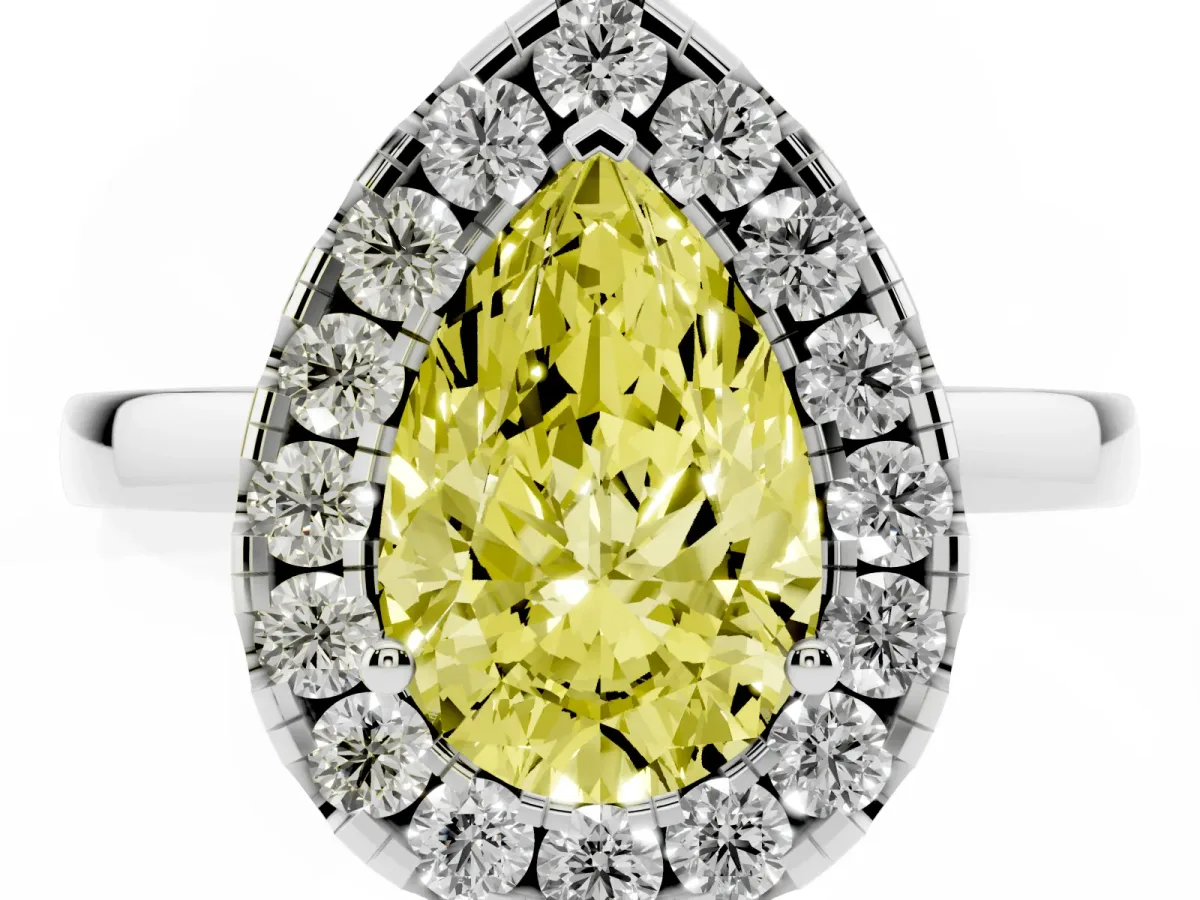 Fancy Yellow Pear Cut Halo Diamond Solitaire with Pavé Band and Four-Prong Setting Silver