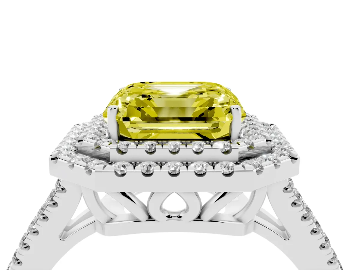 Fancy Yellow Asscher Cut Diamond Double Halo Ring with Pavé Band and Prong Setting Platinum
