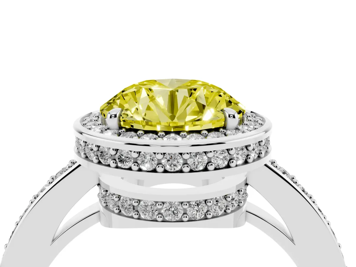 Fancy Yellow Round Cut Halo Pave Band Solitaire Ring with Prong Setting Silver