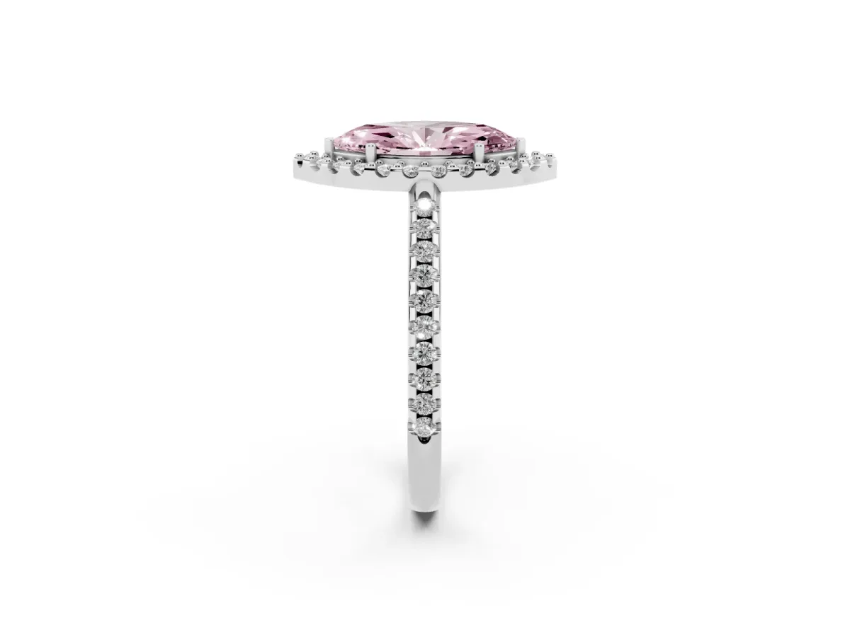 Fancy Pink Marquise Cut Diamond Pavé Halo Ring with Four-Prong Setting Silver