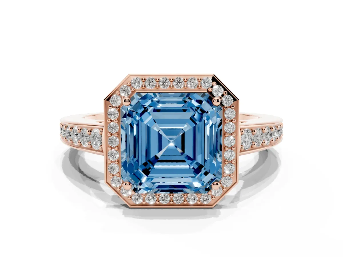 Fancy Blue Asscher Cut Halo Pavé Diamond Engagement Ring with Bezel Setting Rose gold