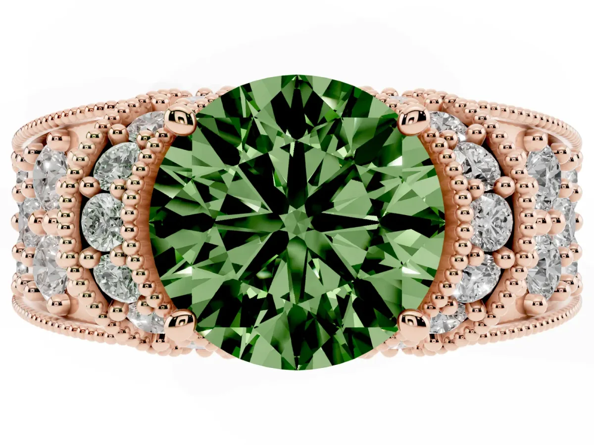 Fancy Green Round Cut Halo Pave Diamond Engagement Ring with Milgrain Detailing Rose gold
