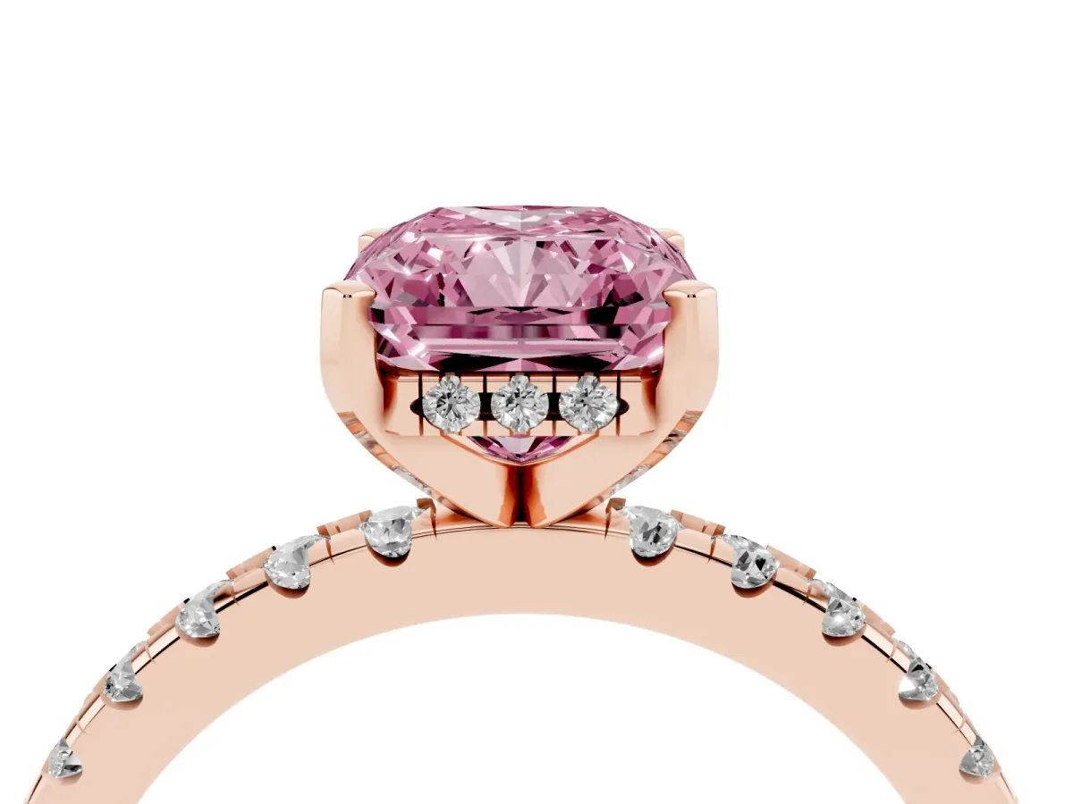 Fancy Pink Radiant Cut Diamond Solitaire Ring with Round Pavé Band and Four-Prong Setting Rose gold