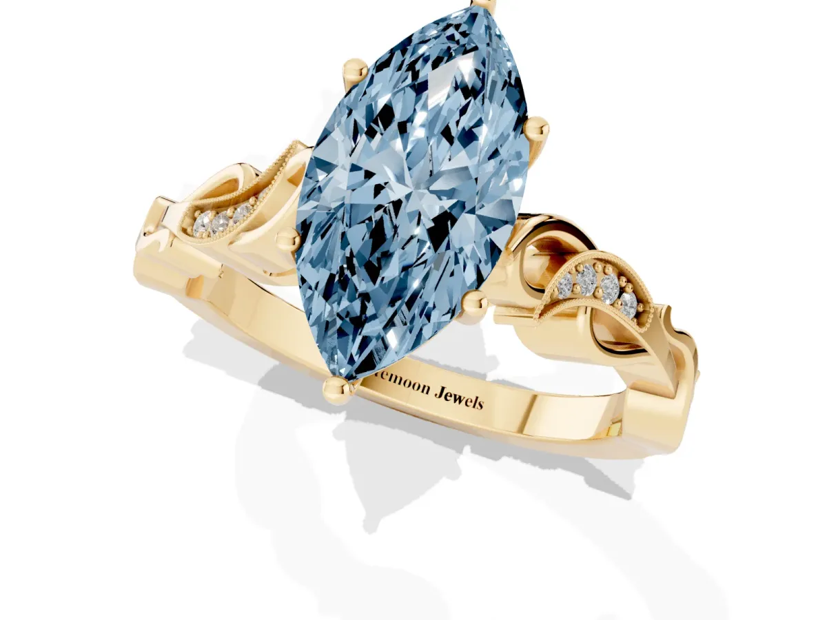 Fancy Blue Marquise Cut Solitaire Vine Band with Milgrain Prong Setting Yellow gold