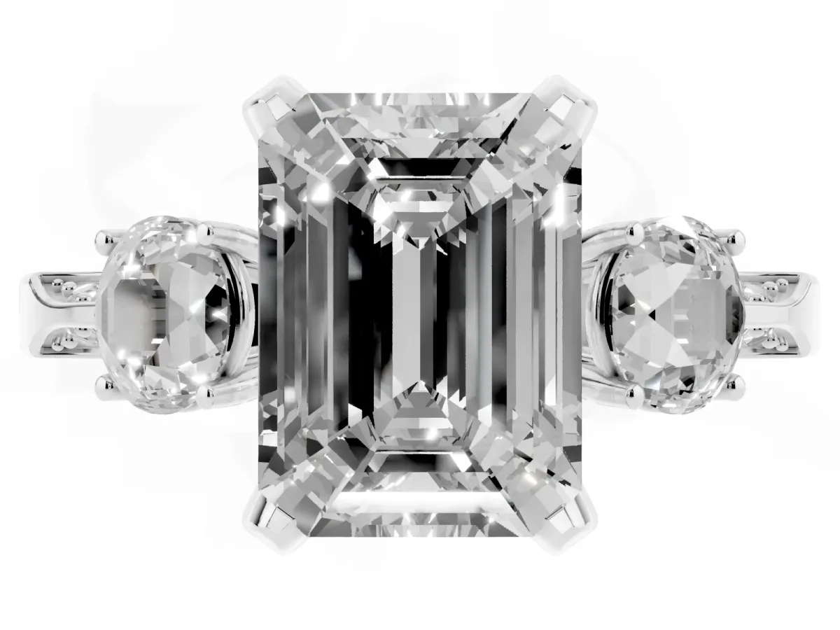 Fancy Black Emerald Cut Brilliant Three-Stone Diamond Ring with Pavé Band and Four-Prong Setting Platinum