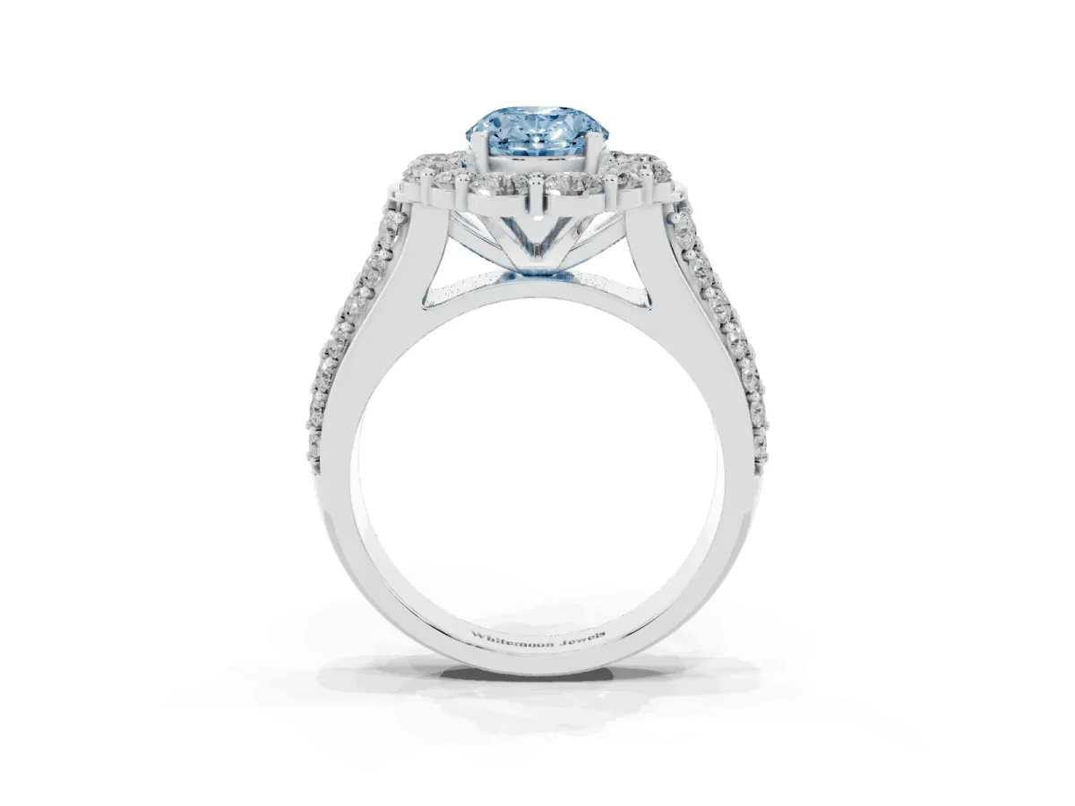 Fancy Blue Oval Cut Halo Diamond Engagement Ring with Split Shank and Prong Setting Silver
