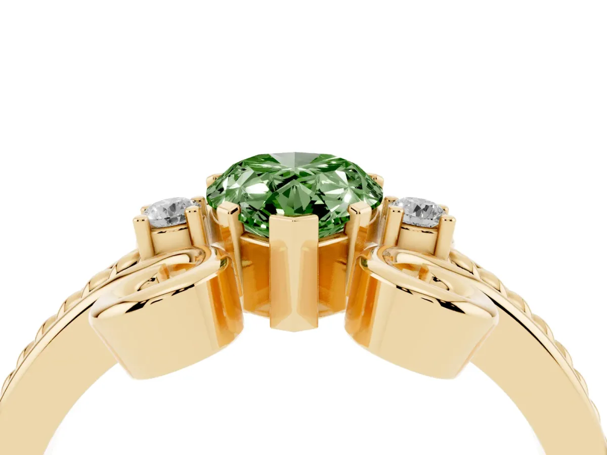 Fancy Green Pear Cut Solitaire Twisted Band Scroll Prong Ring Yellow gold
