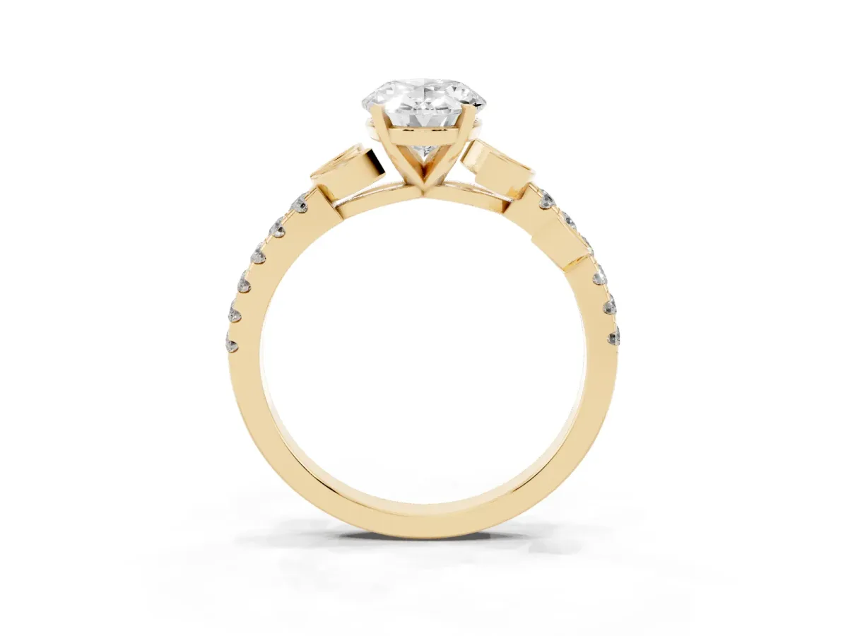 Oval Cut Solitaire Leaf-Inspired Diamond Ring with Pavé Band and Four-Prong Setting Yellow gold