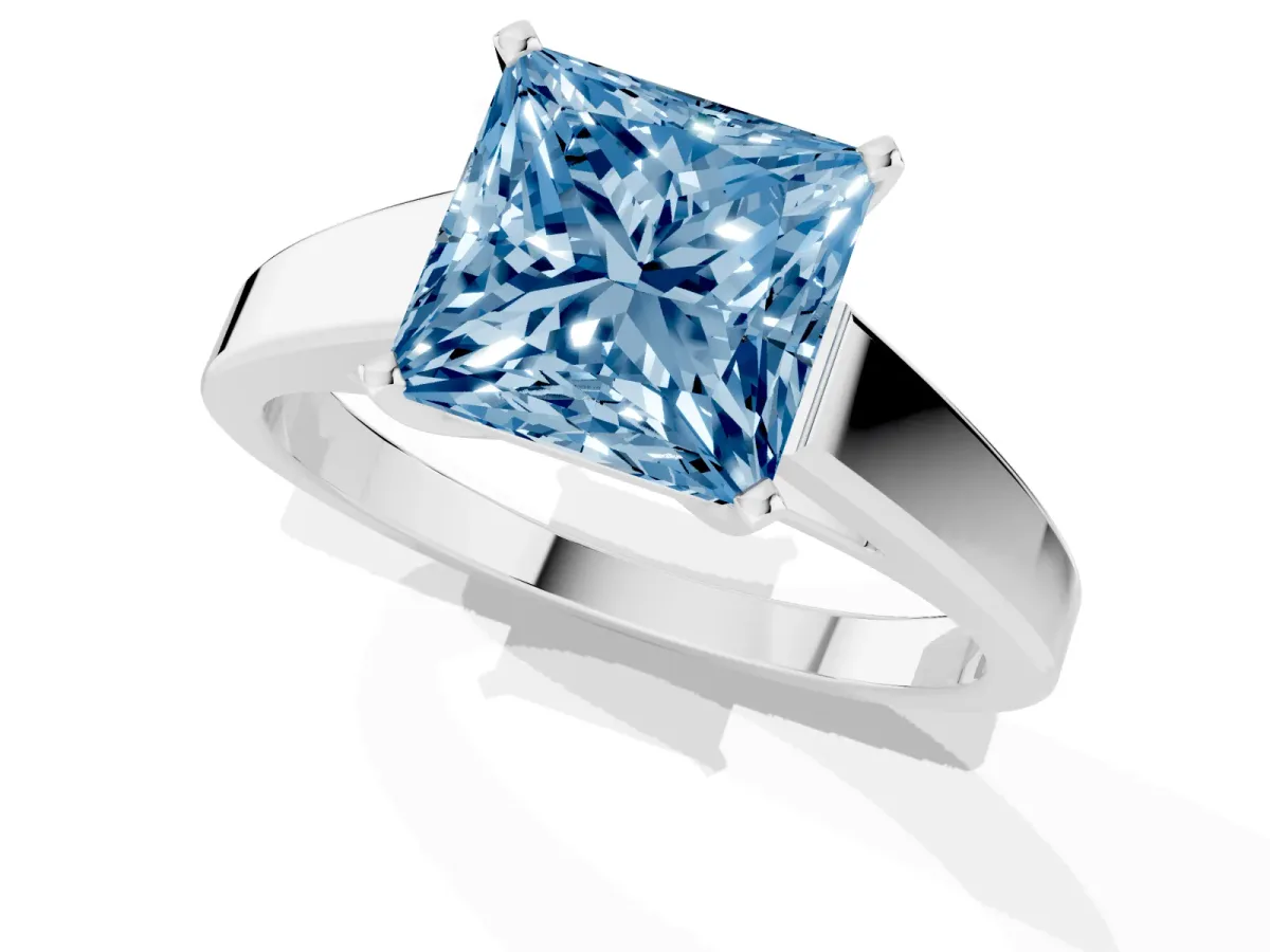 Fancy Blue Princess Cut Solitaire Engagement Ring with Four-Prong Setting and Tapered Band Platinum
