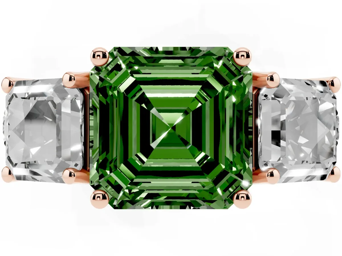 Fancy Green Three-Stone Asscher Cut Diamond Pavé Band with Prong Setting Rose gold