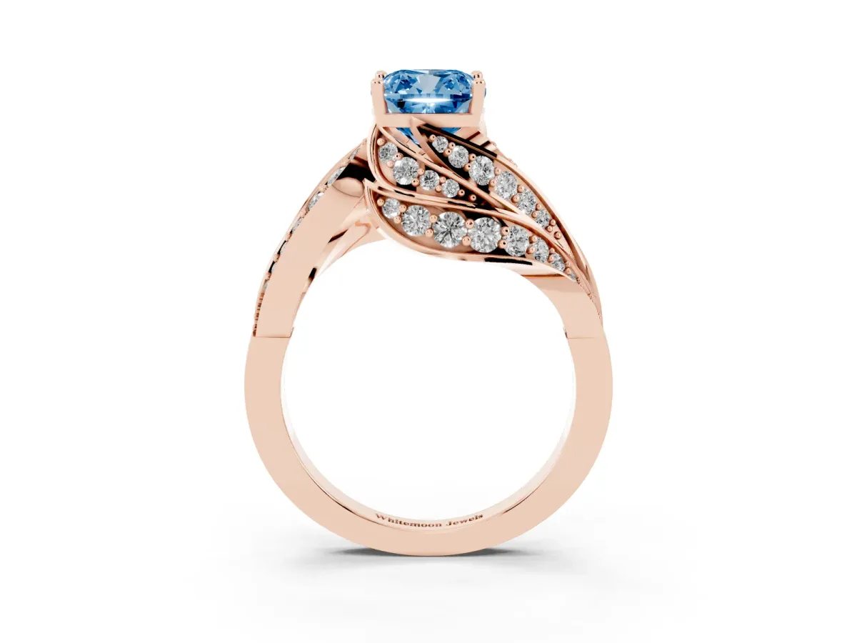 Fancy Blue Cushion Cut Diamond Solitaire Ring with Prong Setting and Twisted Pavé Band Rose gold