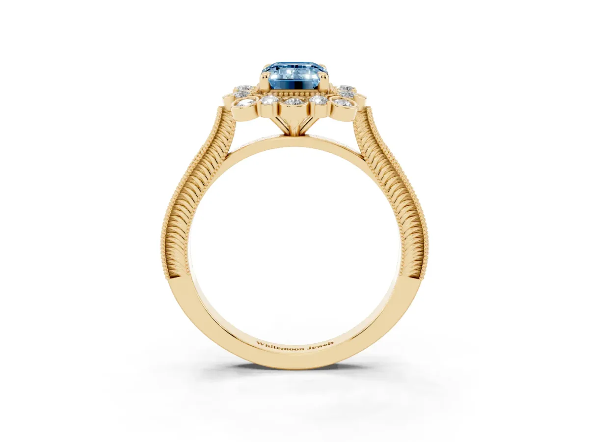 Fancy Blue Emerald Cut Halo Milgrain Pave Diamond Ring with Four-Prong Setting Yellow gold
