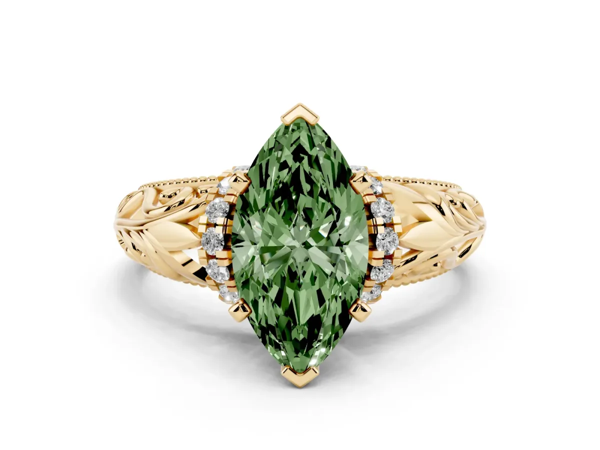 Fancy Green Marquise Cut Solitaire Filigree Engagement Ring with Halo and Prong Setting Yellow gold