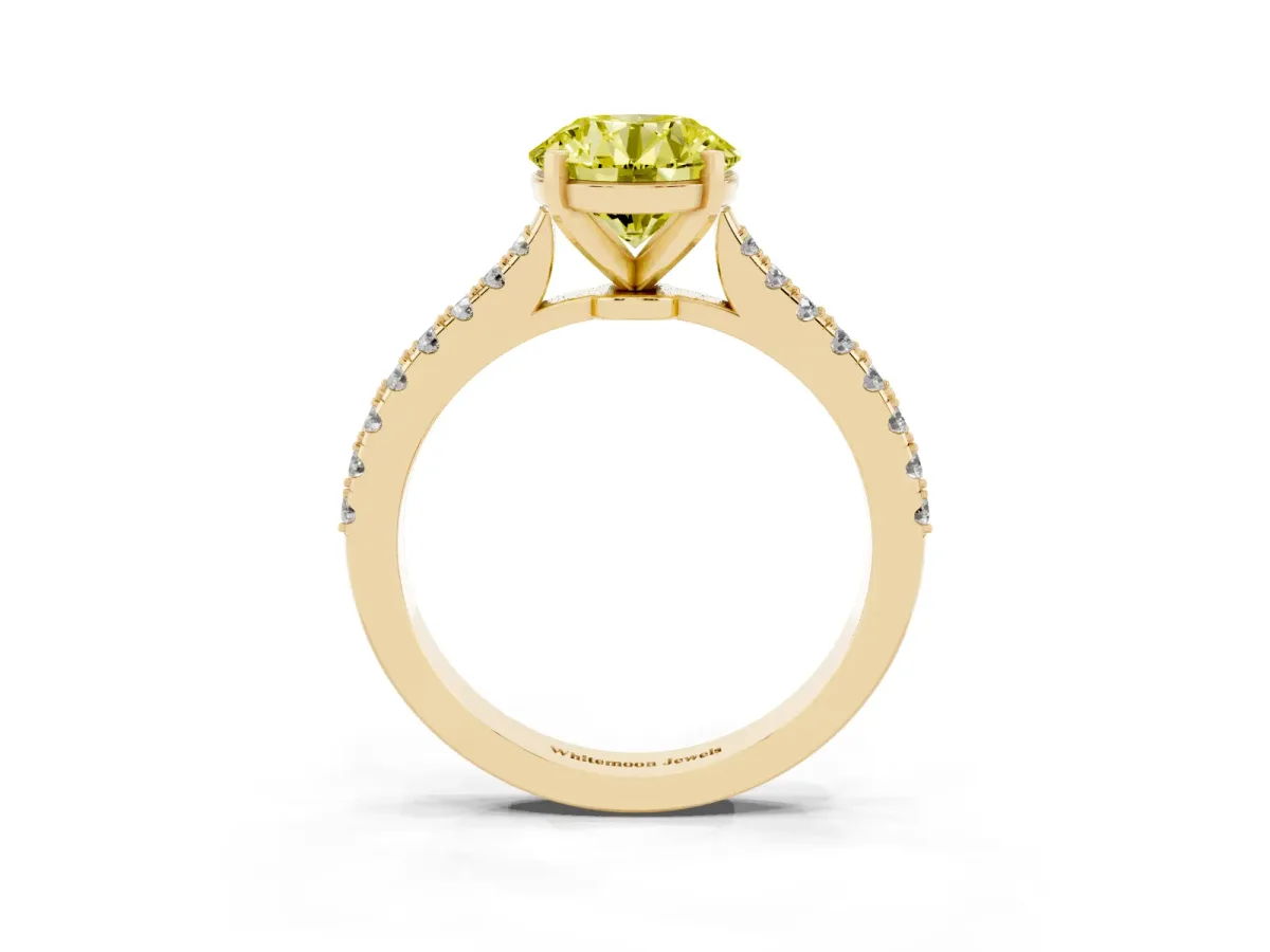 Fancy Yellow Round Cut Cut Solitaire Diamond Engagement Ring with Pave Band and Four-Prong Setting Yellow gold