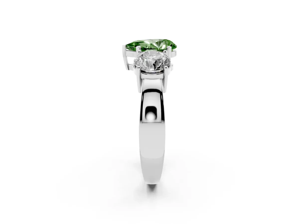 Fancy Green Three-Stone Pear Cut Diamond Ring with Round Side Stones, Classic Band, and Four-Prong Setting Platinum